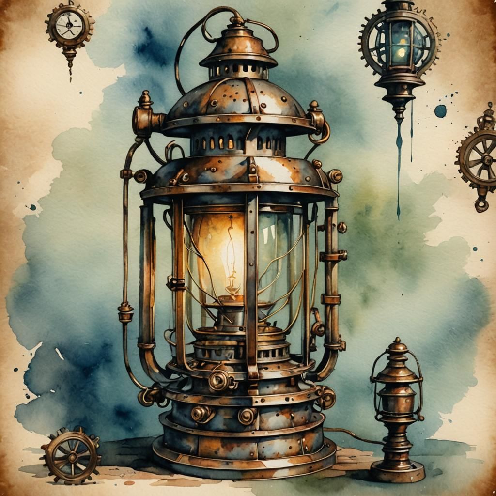 Steampunk Engine Powers Old Lantern in Watercolor