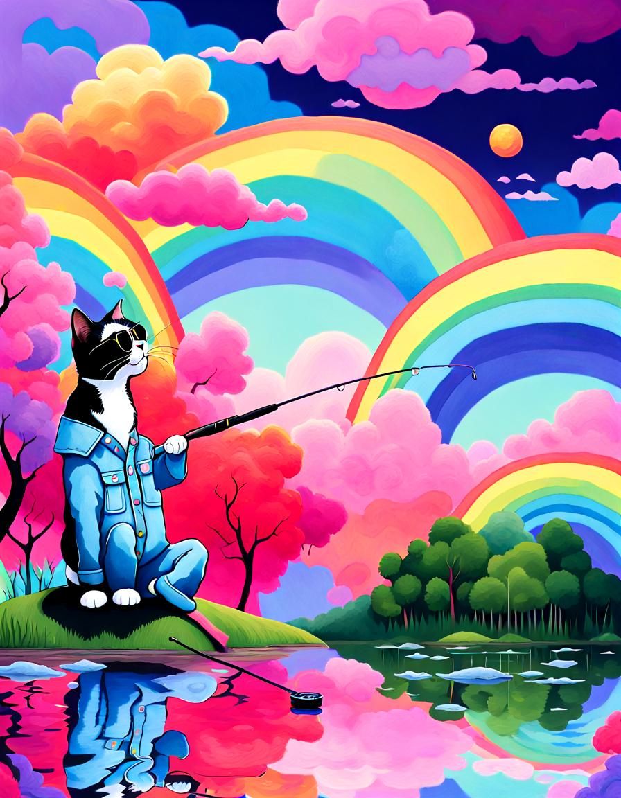 Cat in Overalls Fishing in Rainbow Pond