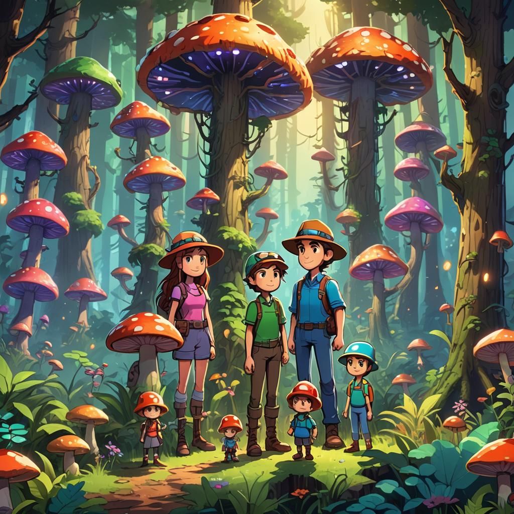 Happy Family in Lush Terraria Forest, Pixar Style