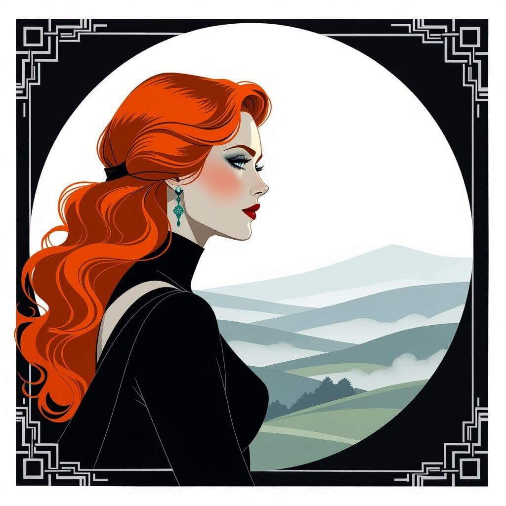 Ethereal Irish Woman on Misty Moors in Art Deco Style