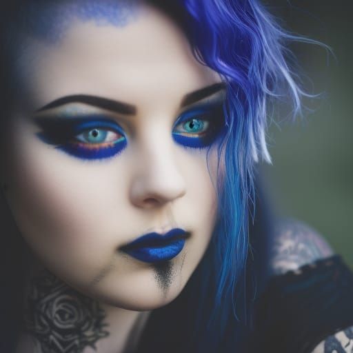 Ethereal Gothic Young lady with witchy vibes and Wiccan vibes and Cobalt blue hair and Black eyeshadow and cobalt blue e...