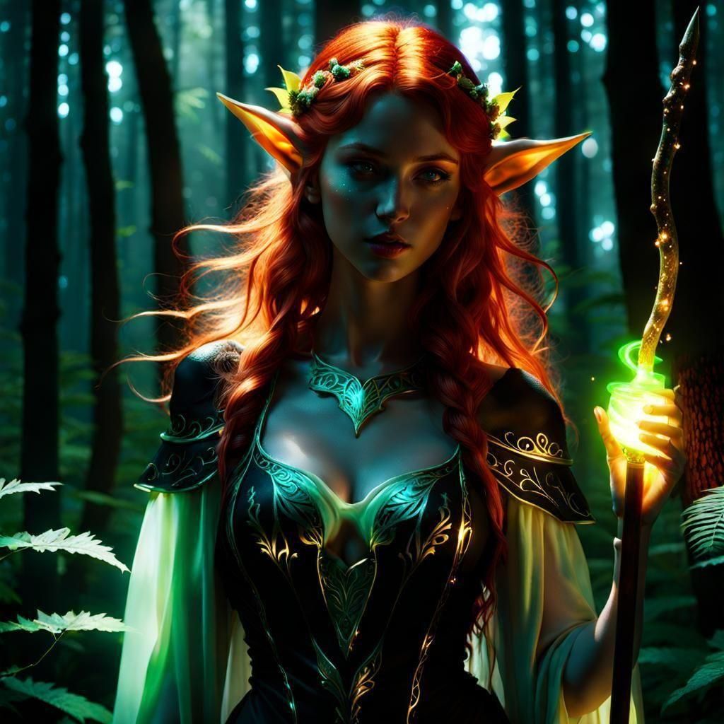 Backlit Elven Sorceress in Vaporwave Style