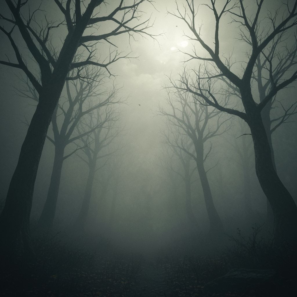 Eerie Foggy Autumn Forest with Moonlight Glow