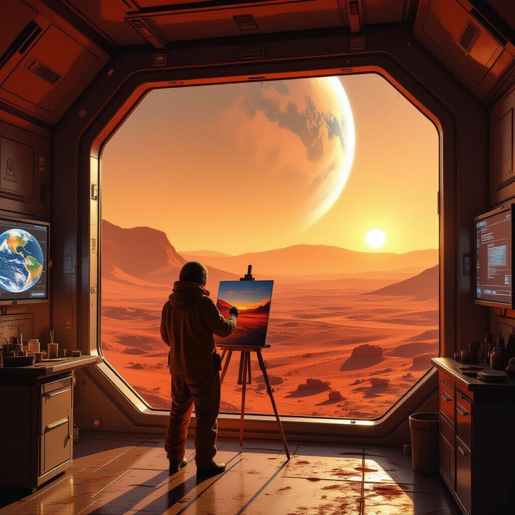 Artist Paints Mars Landscape from Cozy Colony Habitat