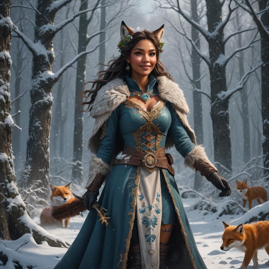 Winter Vixen Goddess Guards Snowy Realm in Vibrant Fantasy A...