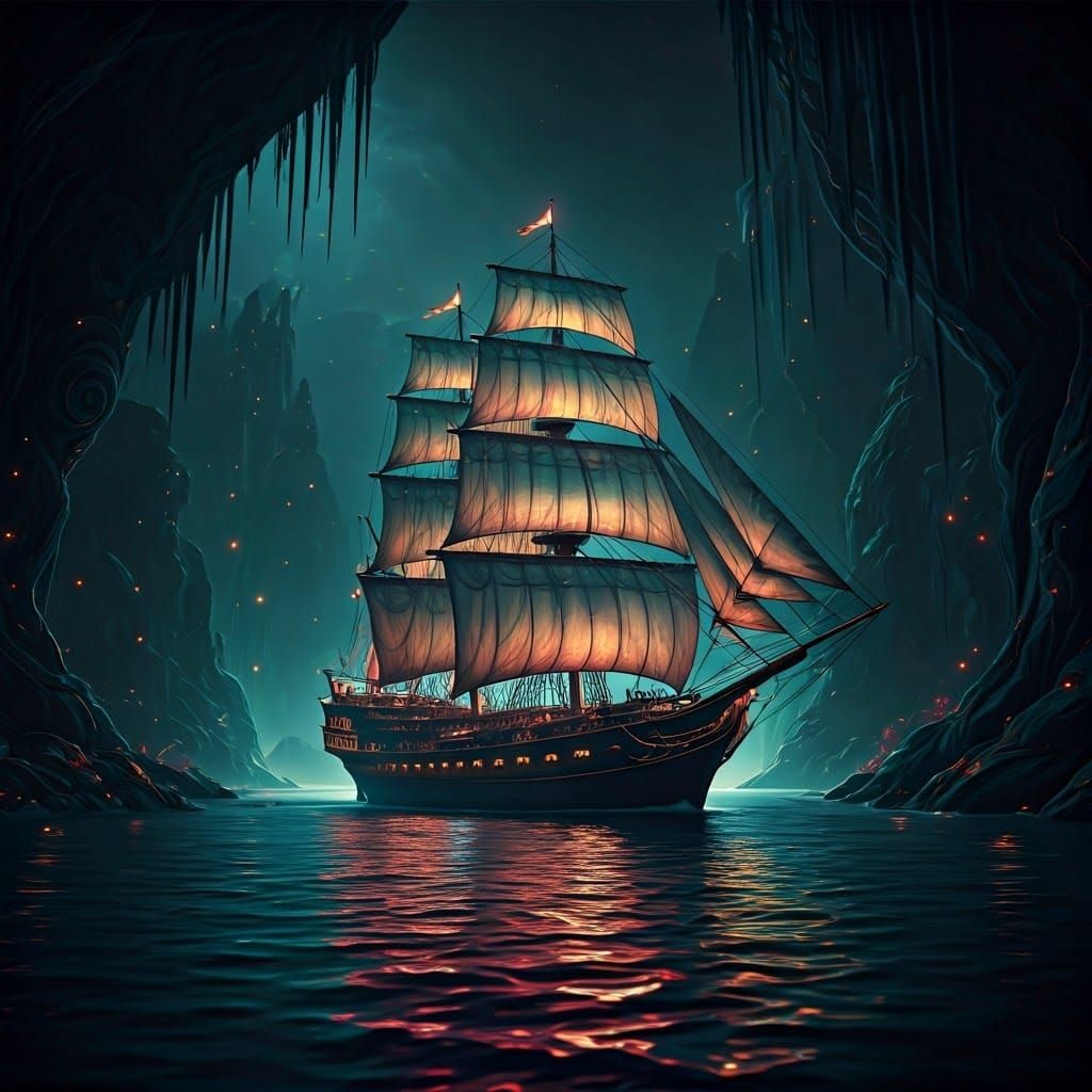 Ornate Luxury Boat Sails Through Mystical World