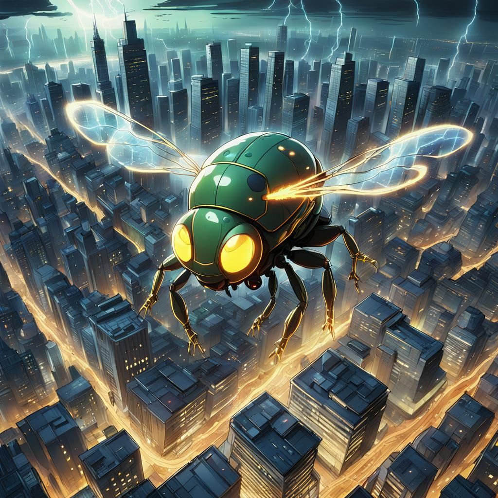 A humongous giant purple anime lightning bug flying over a c...