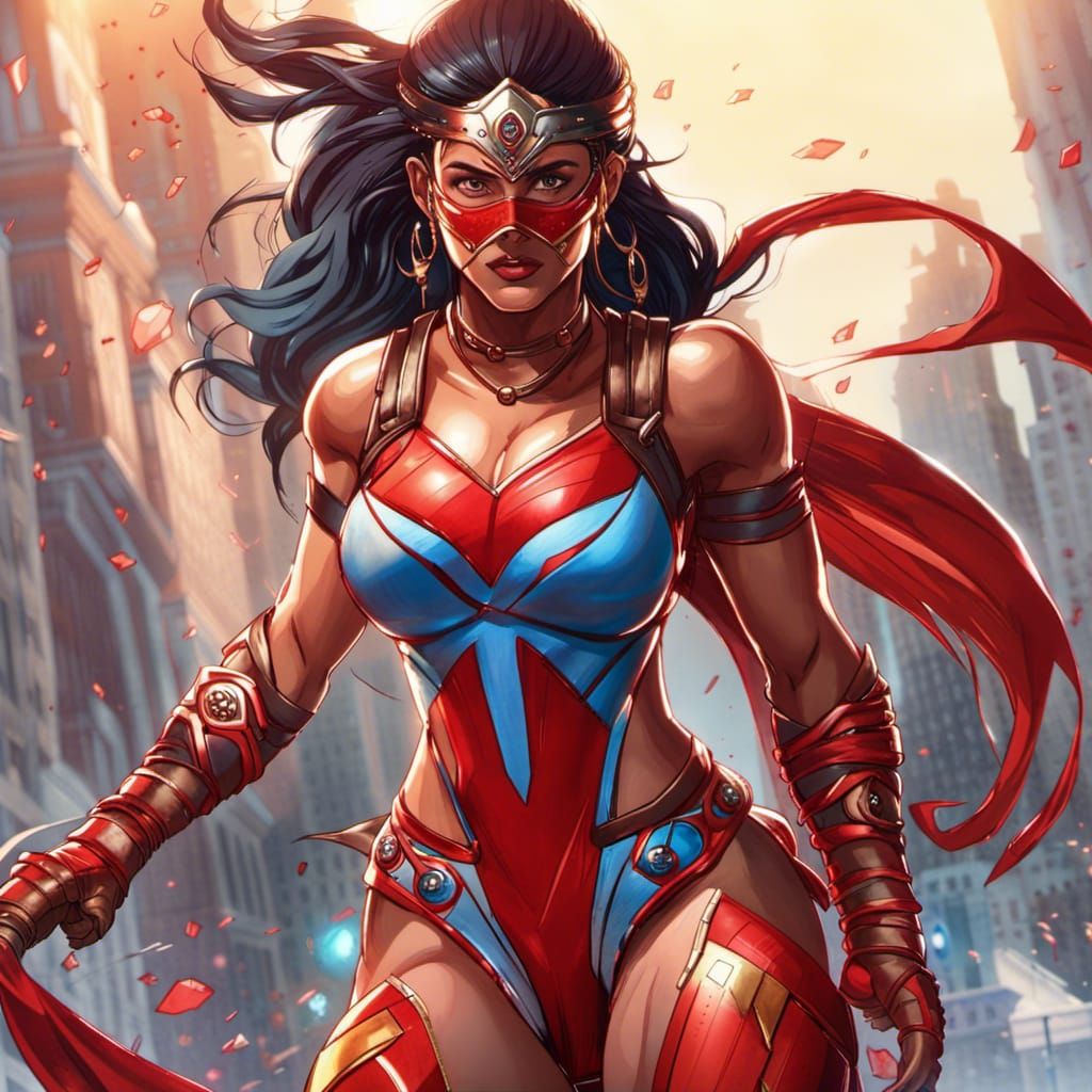 Hyperdetailed Indian Superhero in Red and Blue Armor