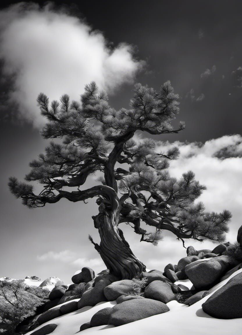 Monochrome Pine on Red Rock Plateau, Maximalist Fantasy