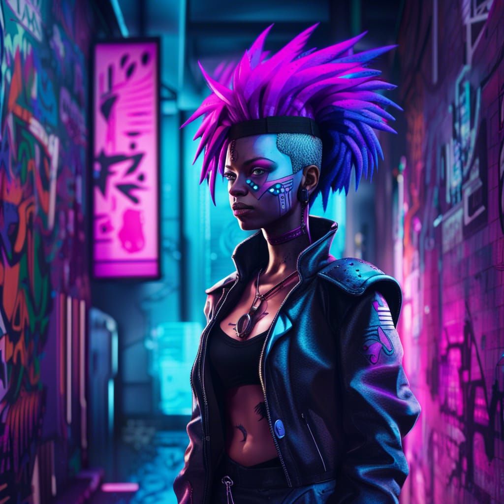 Cyberpunk Android Woman with Mohawk in Futuristic City