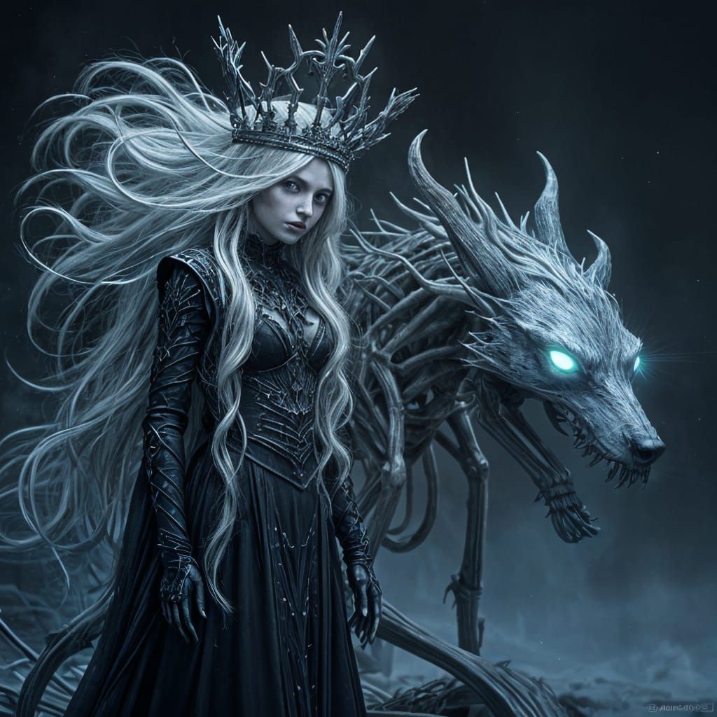 Ethereal Sorceress Surrounded by Dark, Mystical Creatures