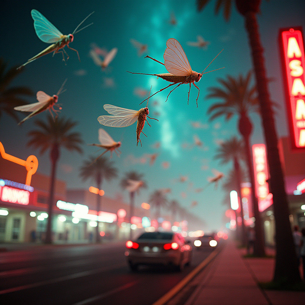 Ethereal Grasshoppers Swarm Neon Las Vegas Strip