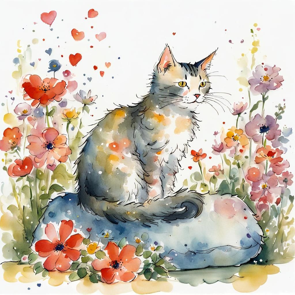 Cute Cat on Pillow in Quentin Blake Style