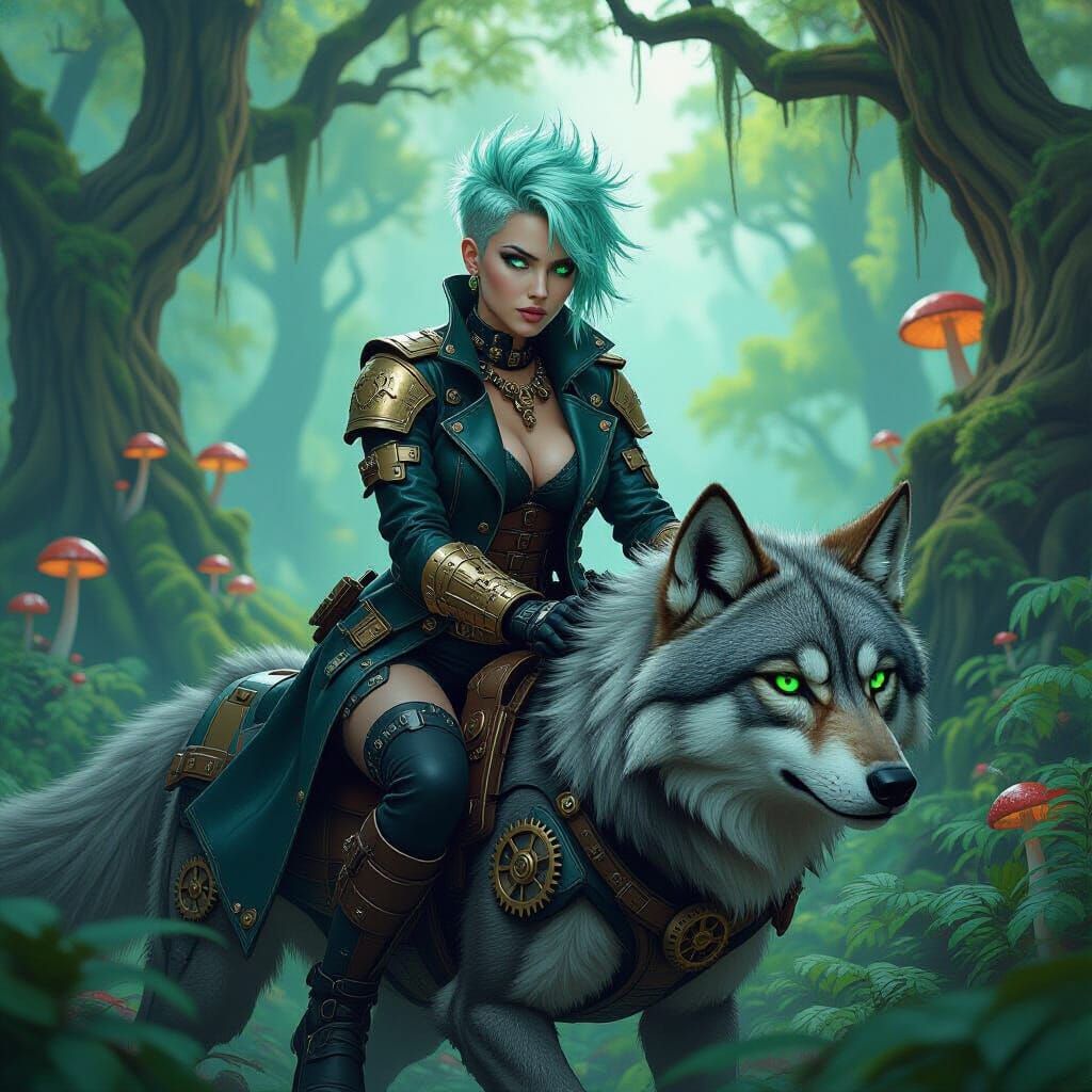 Dieselpunk Valkyrie Riding Mechanical Direwolf