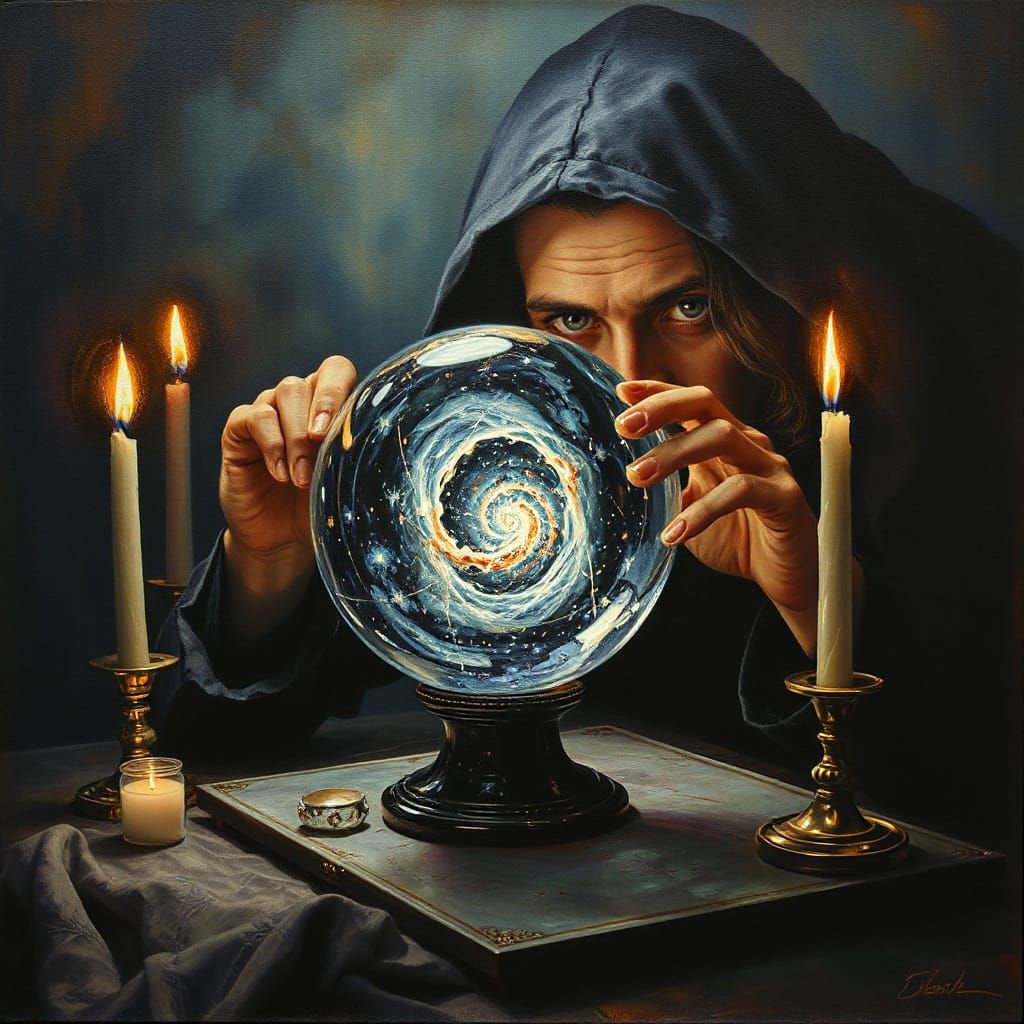 Oil on canvas painting. A mysterious fortune teller peers in...