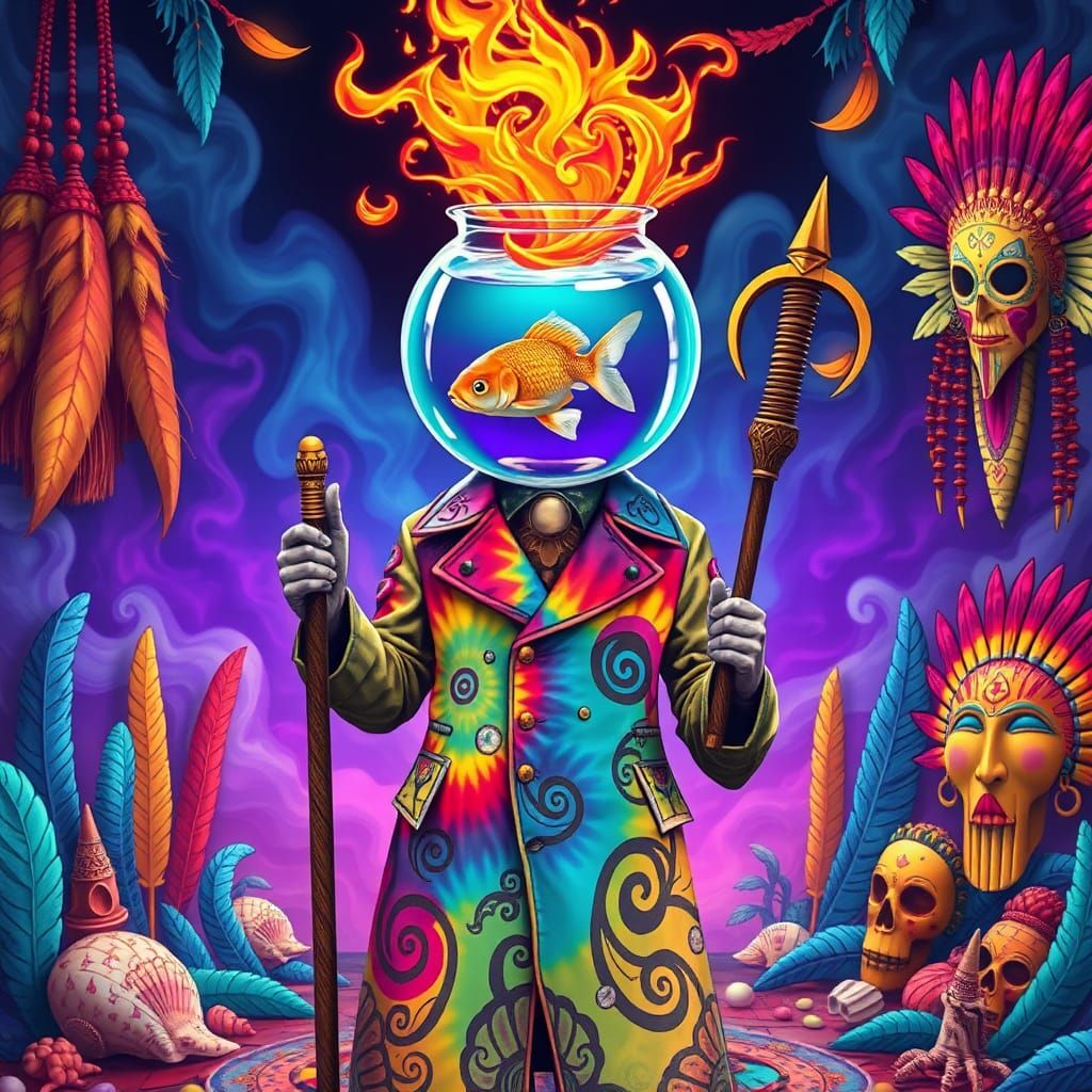 Tribal Glasshead Figure with Psychedelic Flair