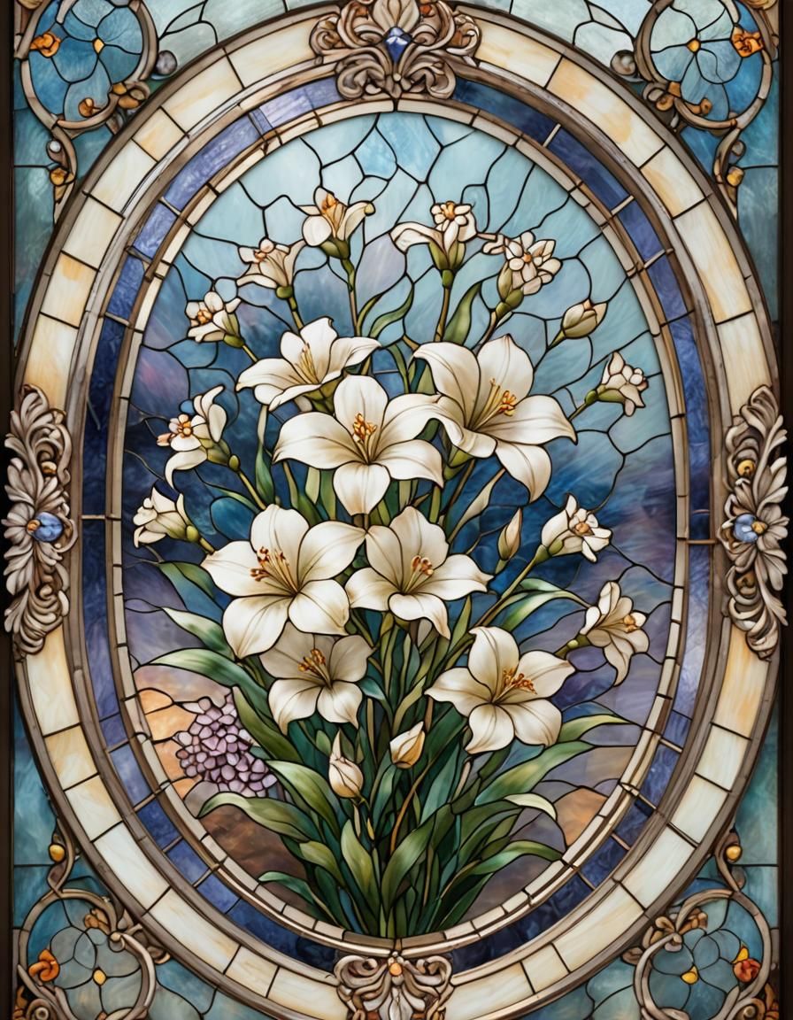Stained Glass Flower in Oval Frame
