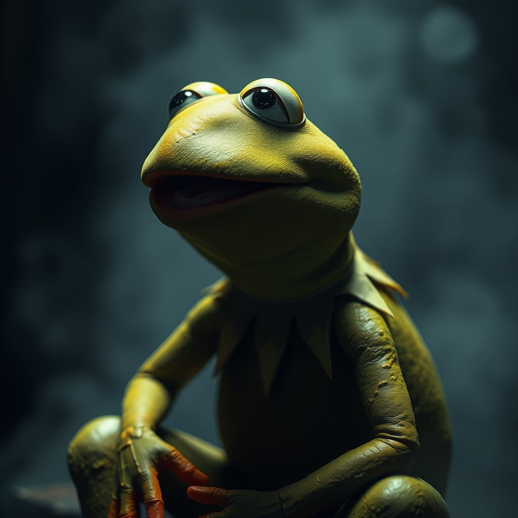 Hyperrealistic Kermit in Moody, Atmospheric Setting