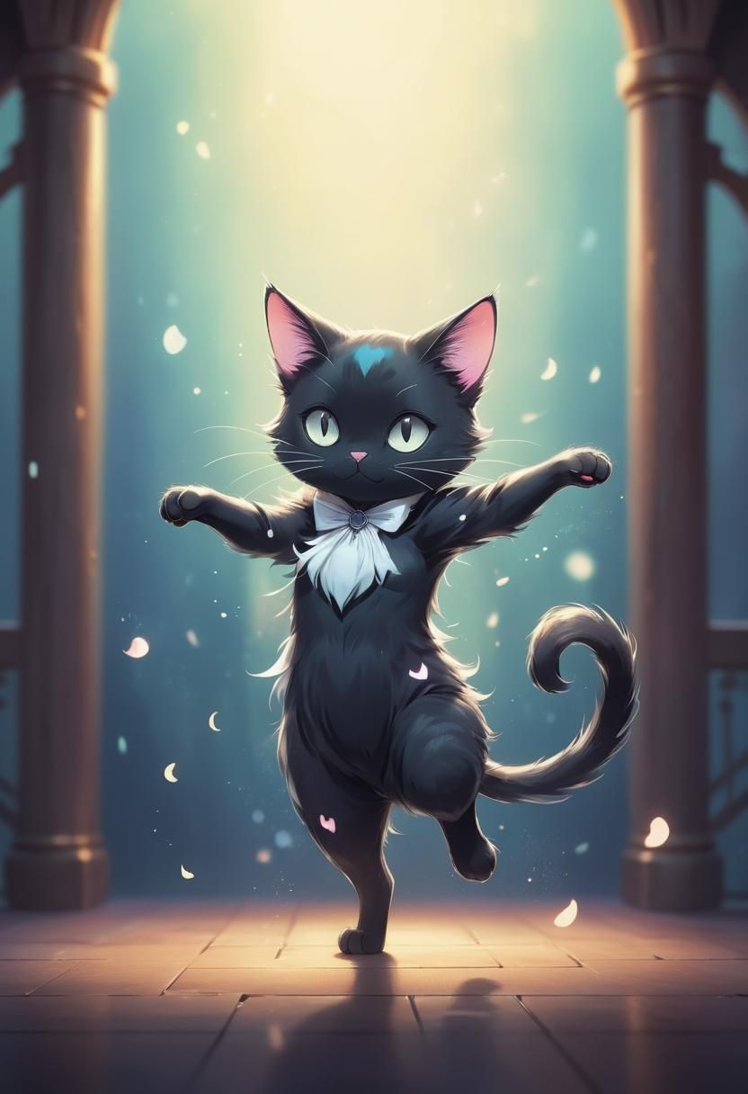 Dancing Black Cat in Anime Style
