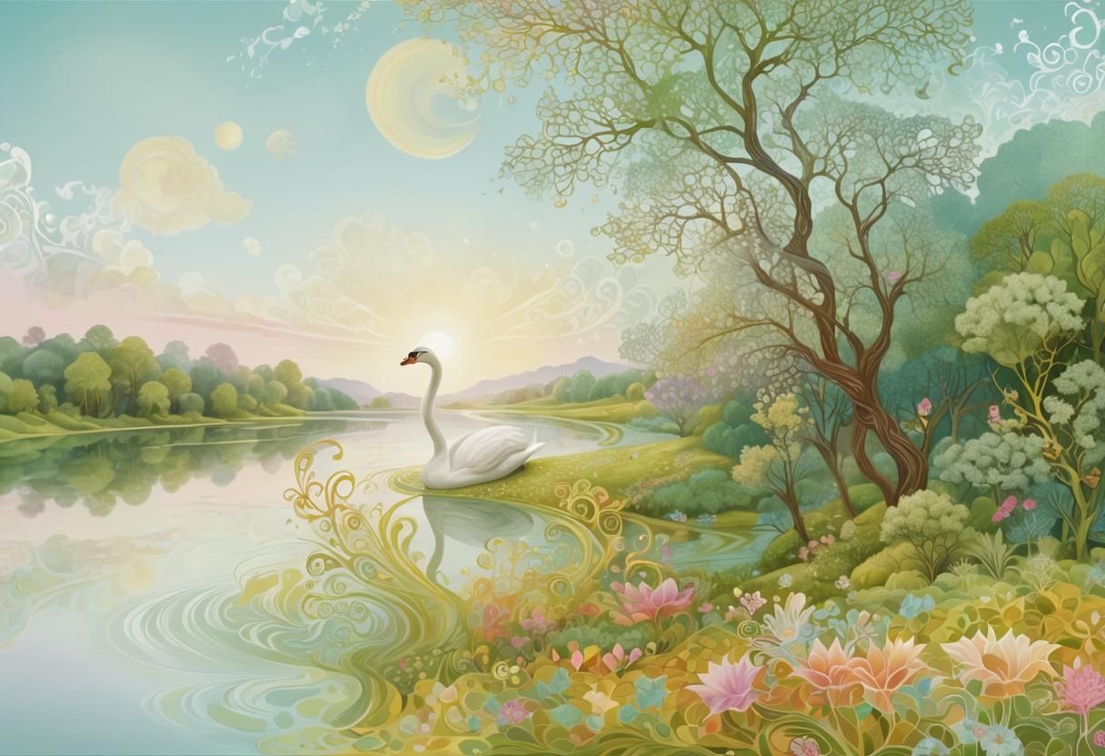 Swan in Candyland Landscape: Abstract Vector Art