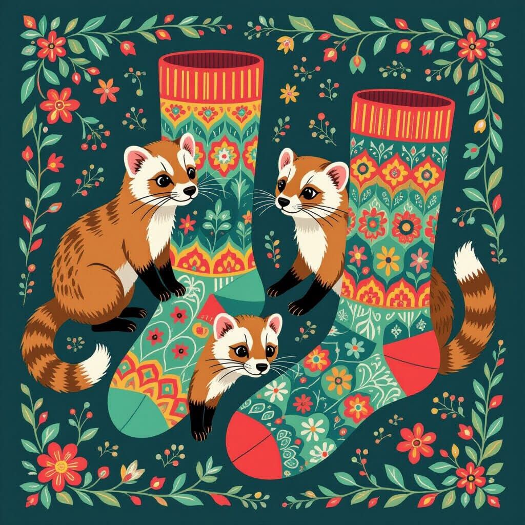 Playful Ferrets on Colorful Socks: Whimsical Digital Art