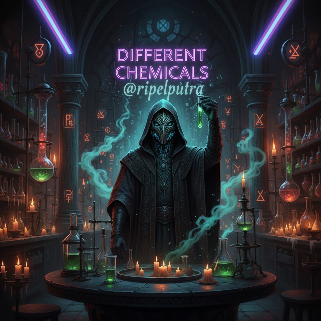 Hooded Figure in Gothic Lab with Glowing Poisons