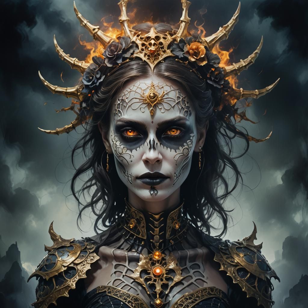 Gothic Supermodel with Bone Accessories in Oil Painting Styl...