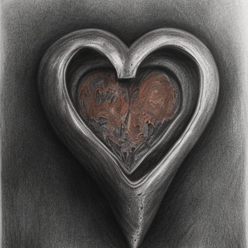 Heart Enclosed in Rust: Detailed Charcoal Sketch