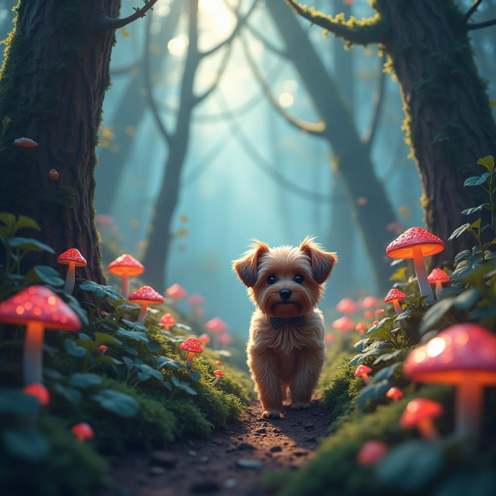 Yorkie's Enchanted Forest Toy Search: 8K Matte Painting