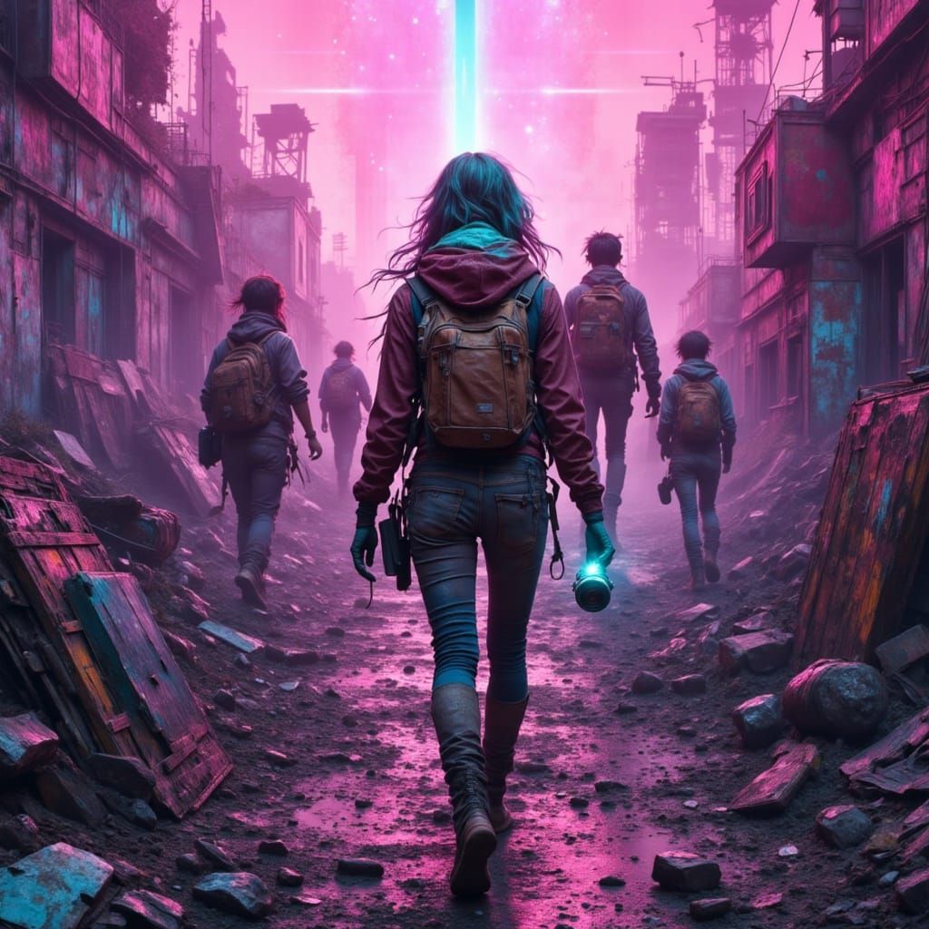 Trashpunk Explorers Seek Relic in Neon Scrapyard