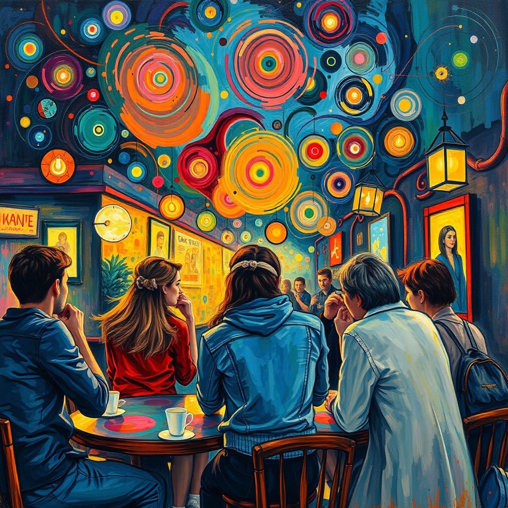 Vibrant Night Cafe Scene in Expressive Impressionist Style