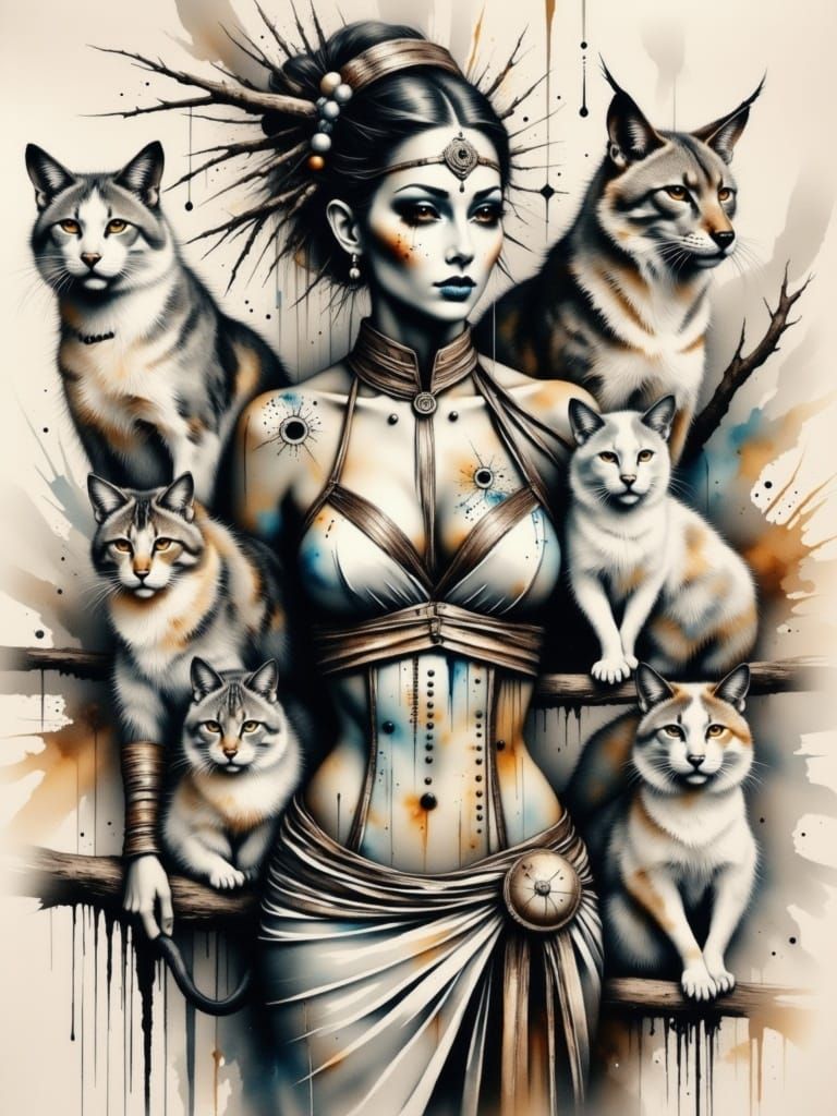 Mysterious Mountain Siren with Feline Companions in Neo-Visc...