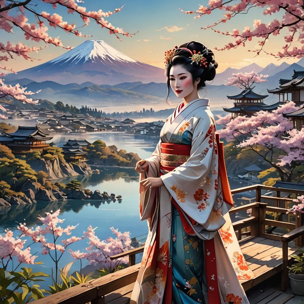 Geisha on Terrace with Mount Fuji: Watercolor Illustration
