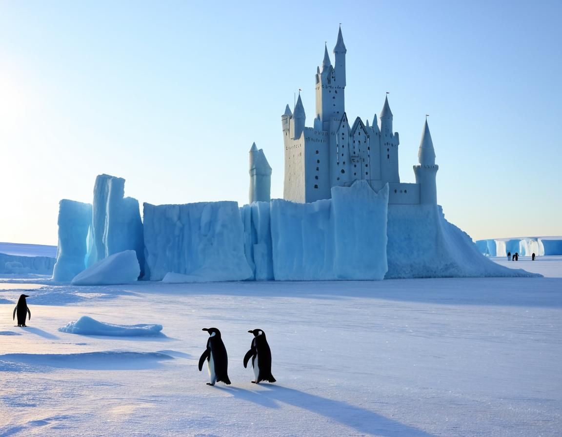 Antarctic Ice Castle with Penguins at Midnight Sun