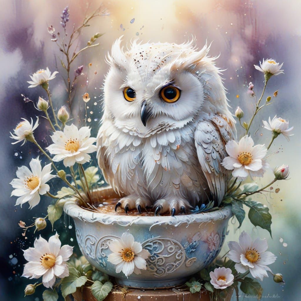 Cute White Owl in Crochet Flower Pot, Ethereal Watercolor
