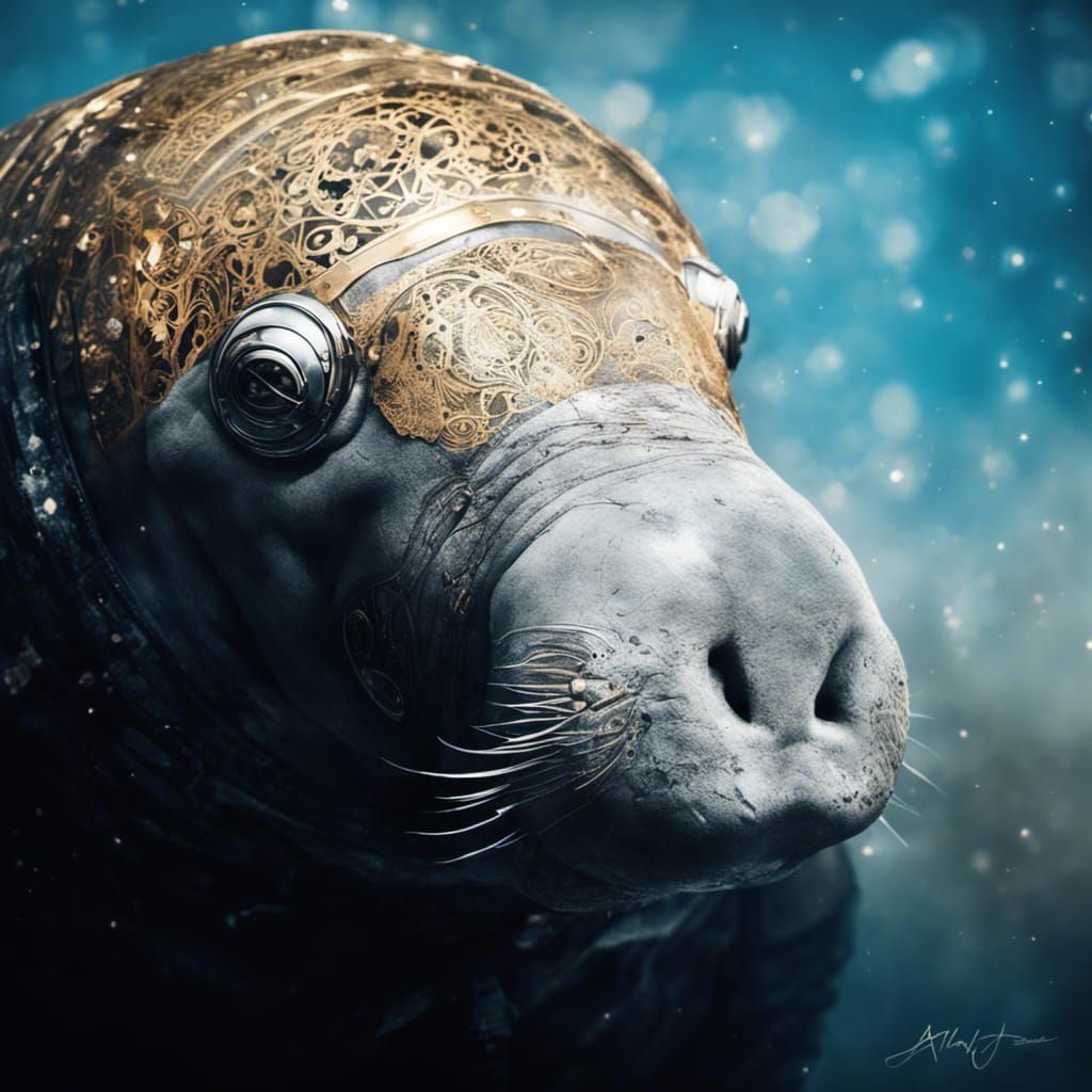 Steampunk Manatee Nun Portrait with Metallic Filigree