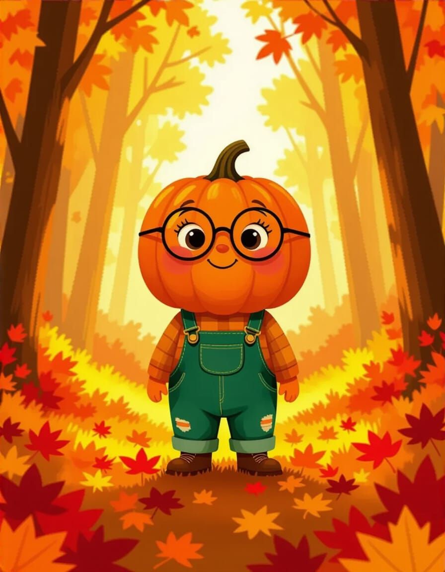 Whimsical Pumpkin Character in Autumn Forest