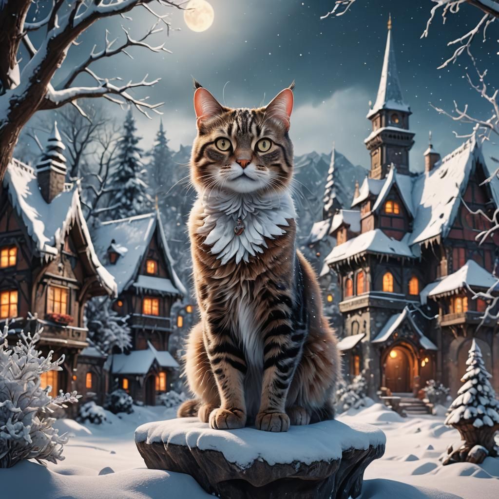 Cat in Winter Wonderland: Detailed Matte Painting