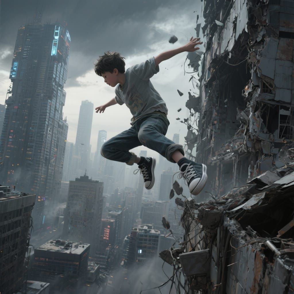 Boy Jumps from Crumbling Skyscraper in Gritty Realism