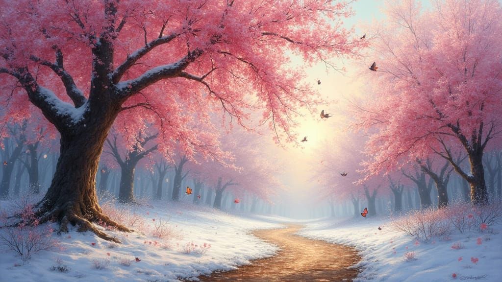 Cherry Blossoms and Icicles in Impressionistic Style