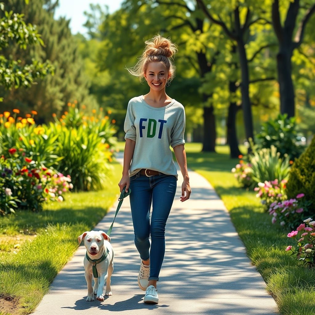Young Woman Strolls Through Impressionist Park with Dog