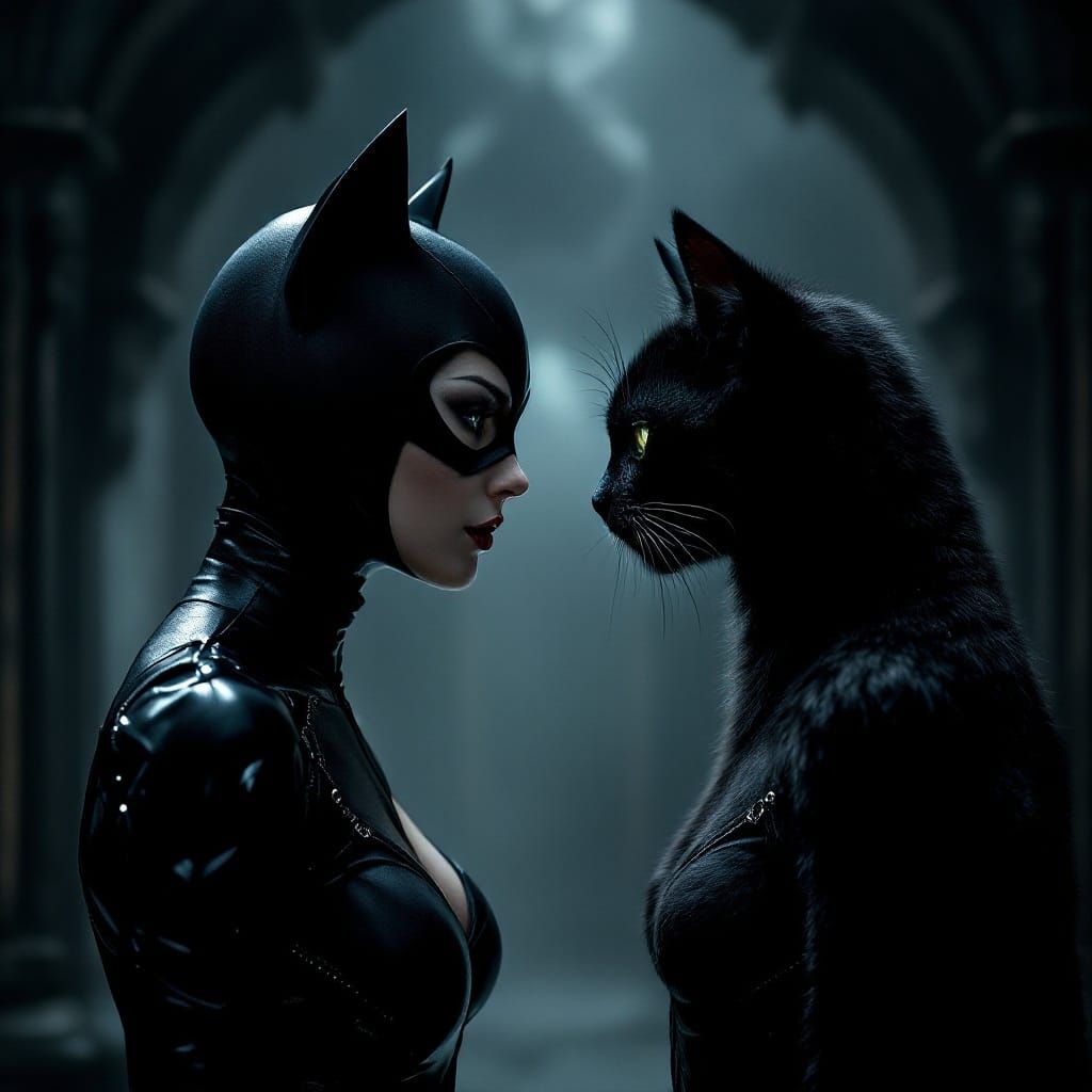 Gothic Feline Showdown: Catwoman Faces Off Against Mysteriou...