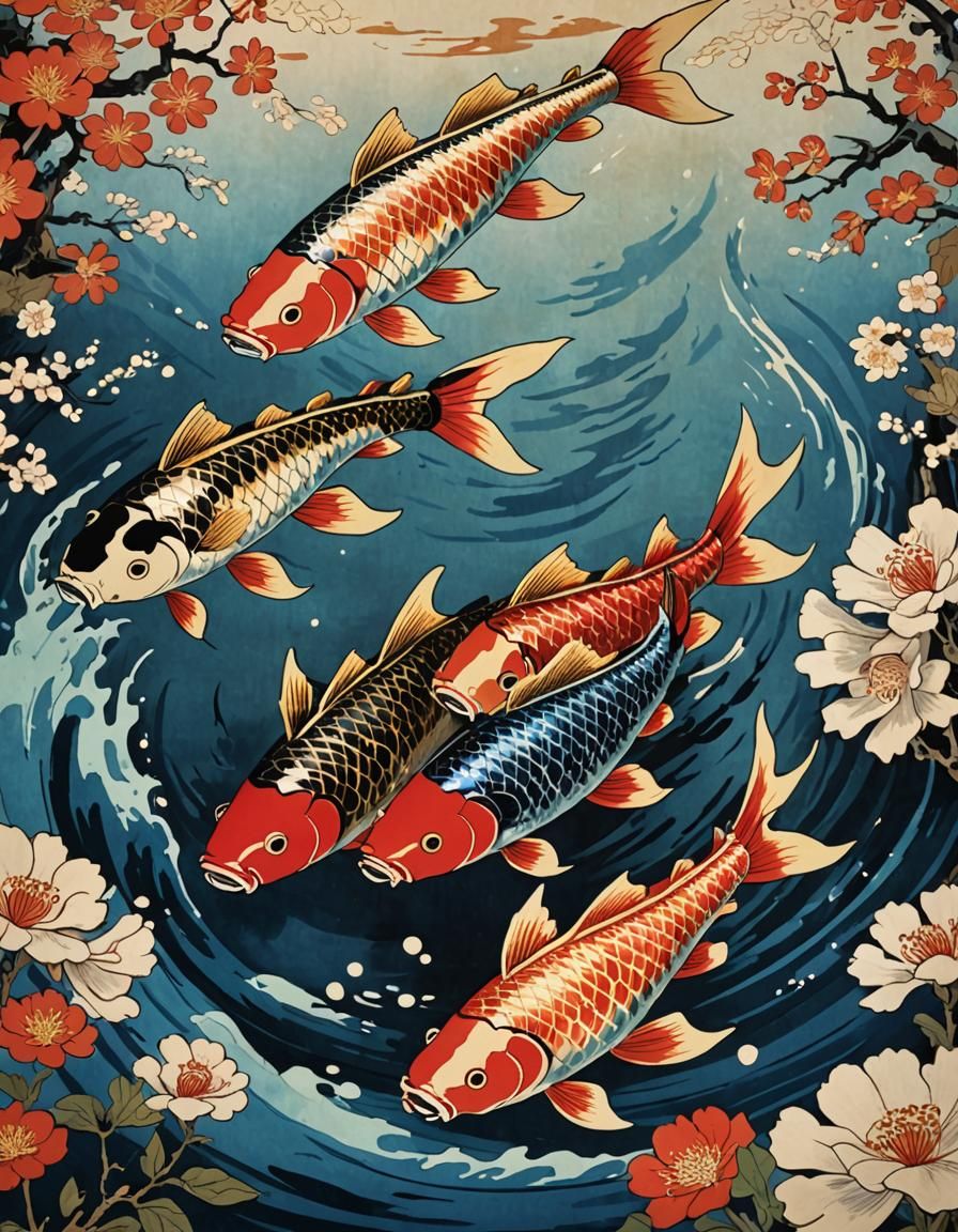 Ukiyo-e Style Artist Painting Colorful Fish Poster