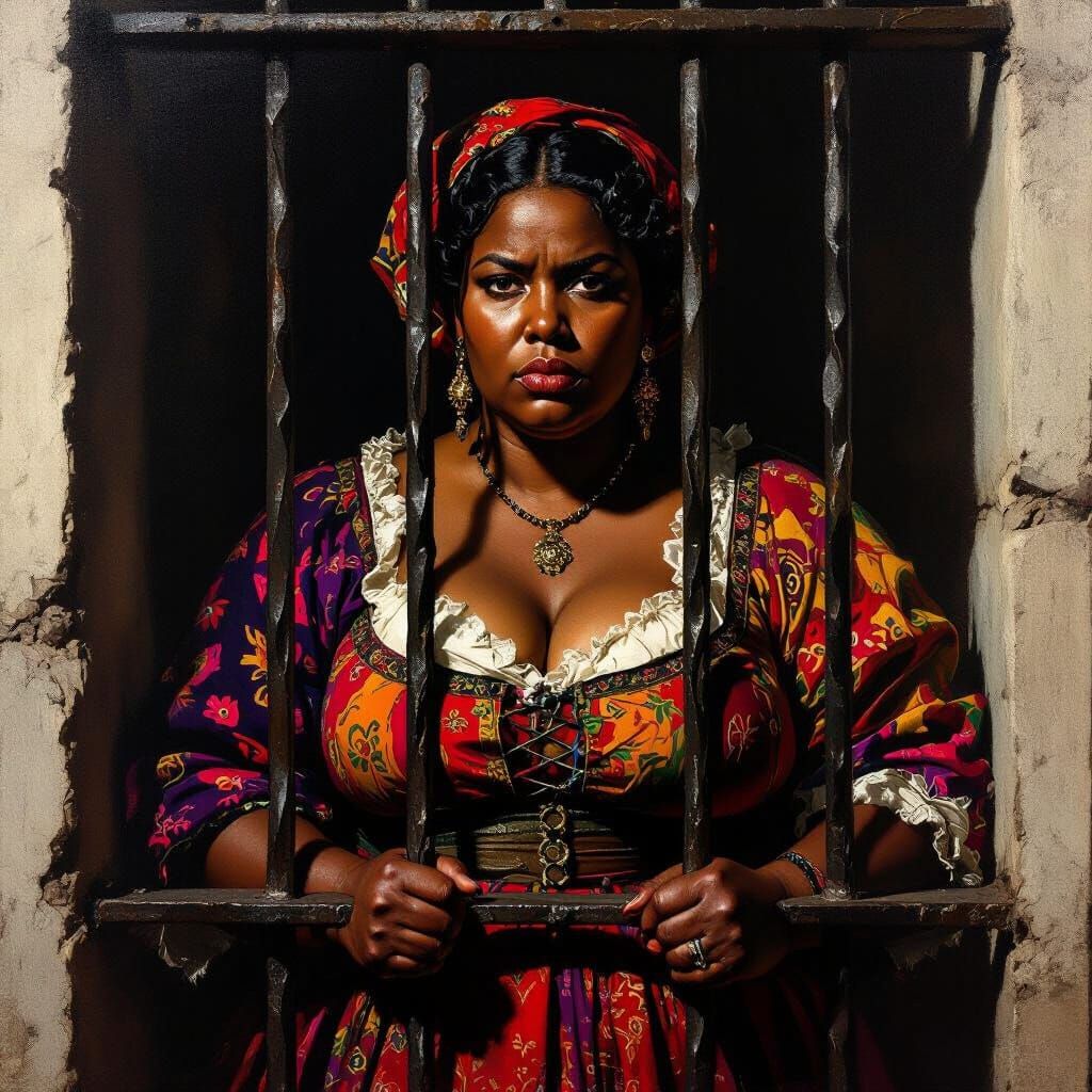 Heavy Set Black Woman Behind Bars in Romani Attire