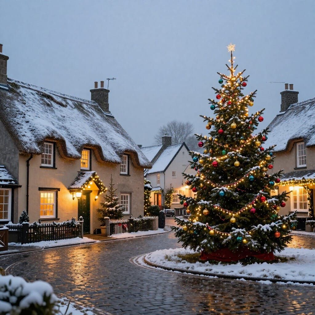Irish Village at Christmas: Festive Lights and Falling Snow