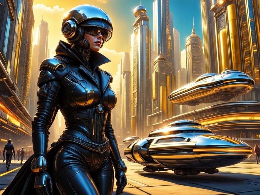 Cyberpunk Cityscape in Shimmering Chrome and Gold Skyscraper...