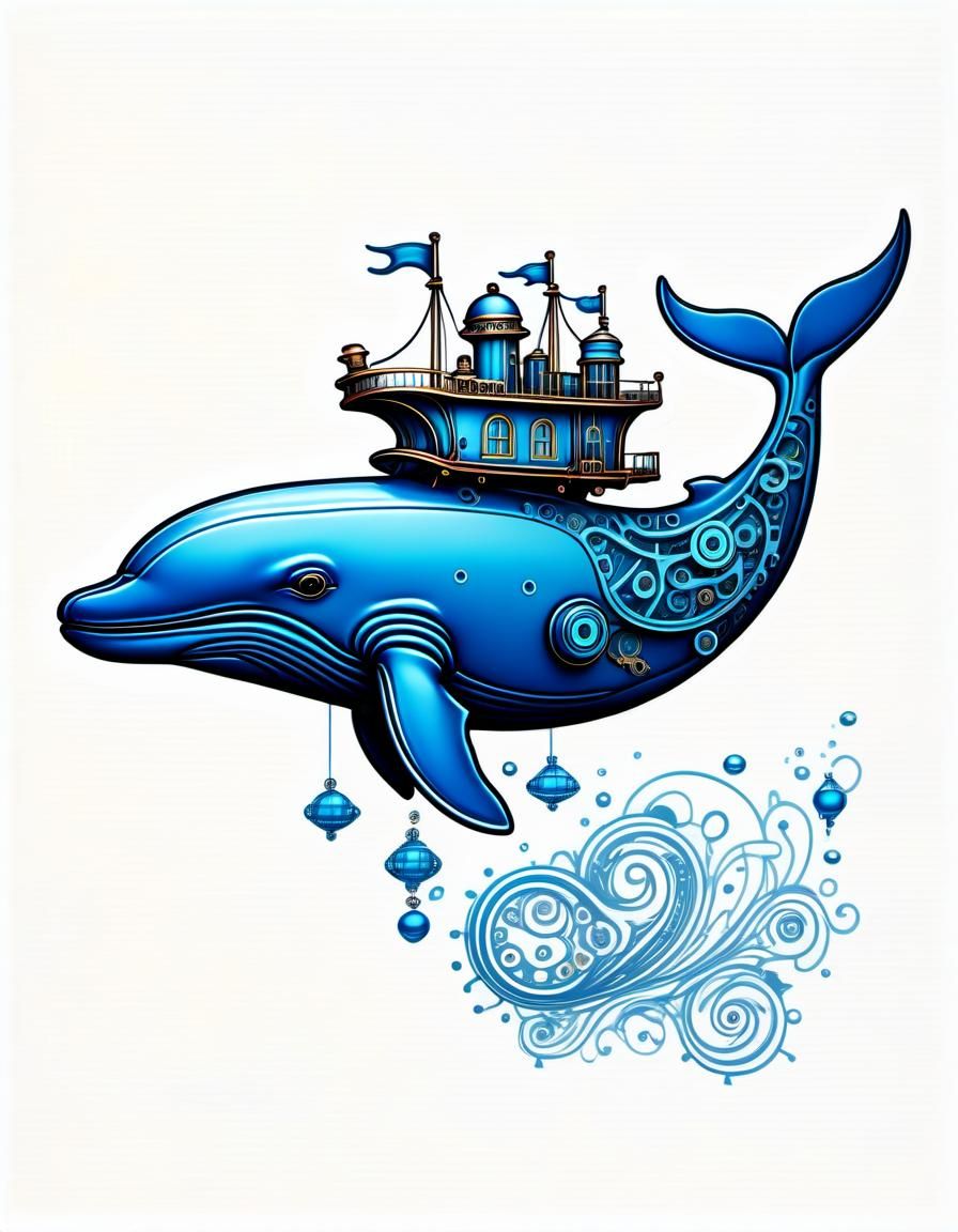 Steampunk Whale Sticker with Blue Ornaments