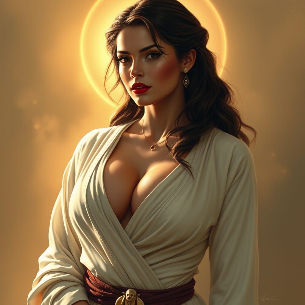 Goddess-like Female Jedi in Elegant White and Beige Robe