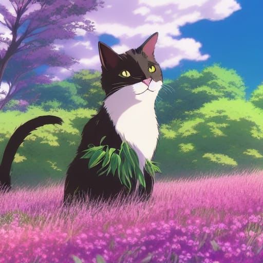 Cat in Flowery Meadow, Studio Ghibli Style