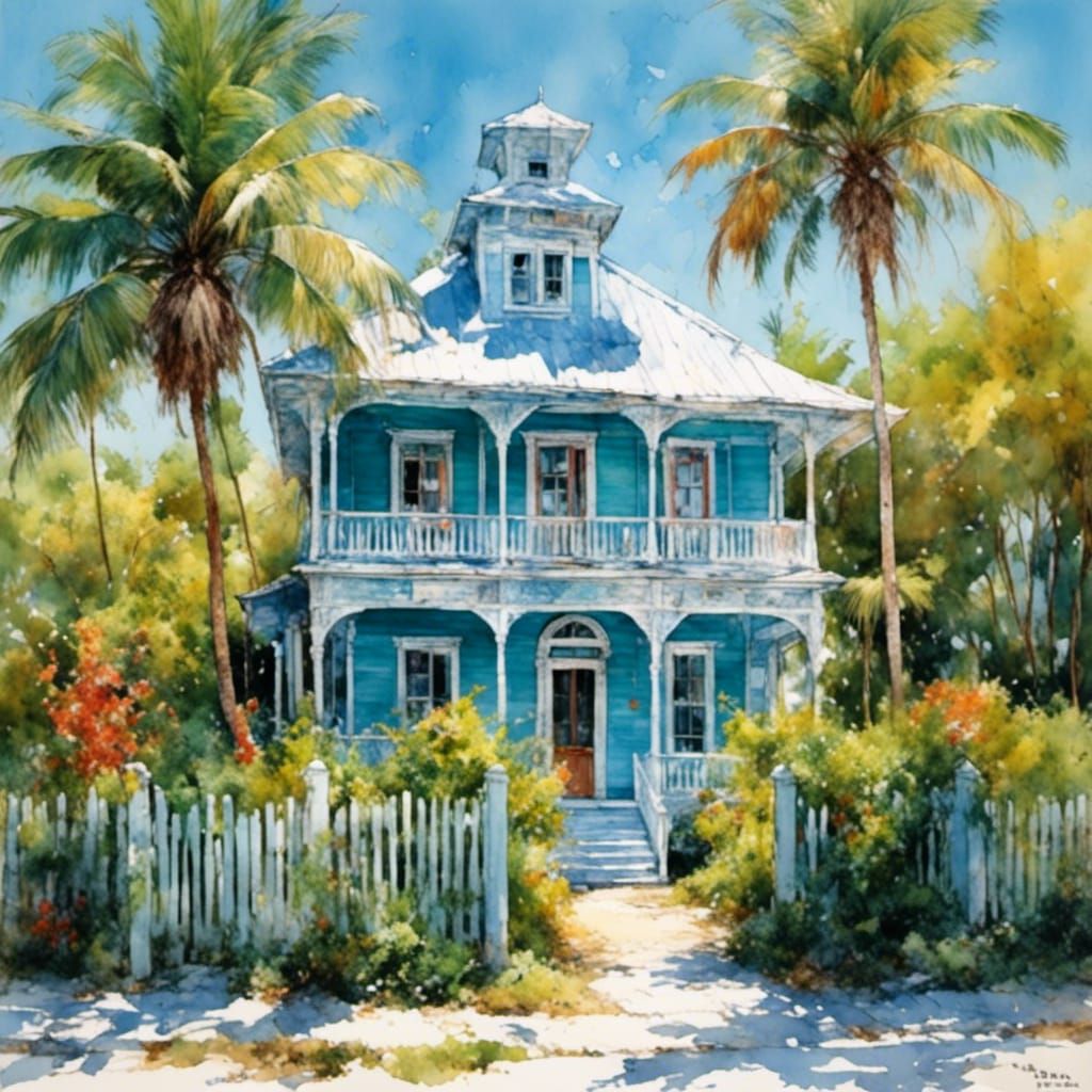 Key West Bungalow in Gouache Impressionist Style
